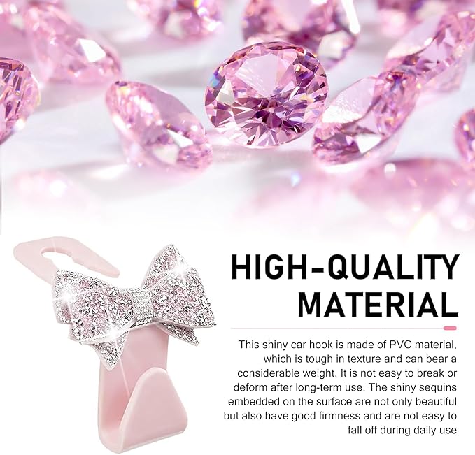 2 PCS Bling Car Seat Headrest Hooks, S Type Crystal Rhinestone Bow Vehicle Seat Back Storage Hooks for Purses Bags Groceries, Universal Diamond Car Rear Seat Organizer (Pink)