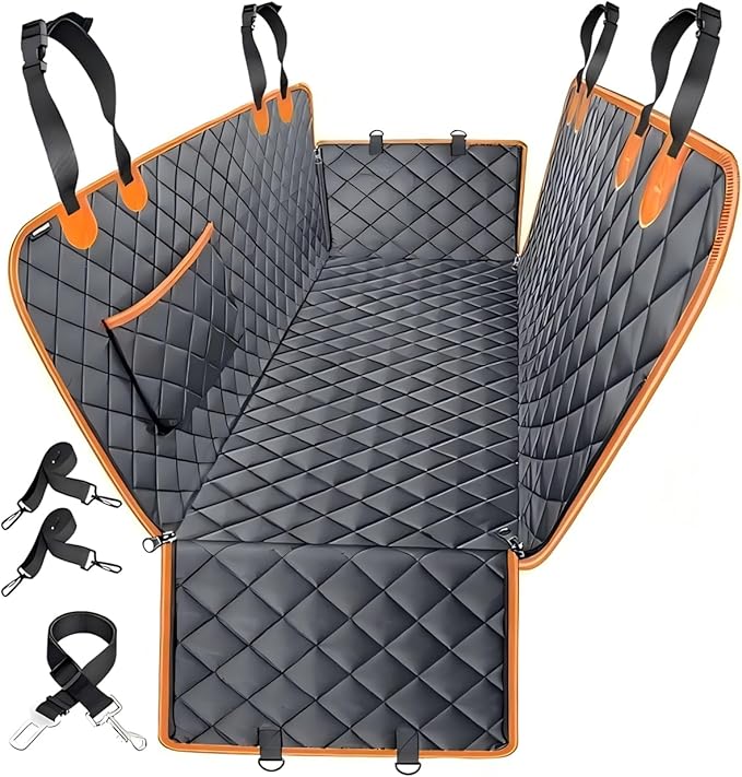 Jubily Dog Car Seat Cover for Back Seat, 100% Waterproof 600D Oxford Cloth Non-Slip Car Seat Protector, Universal Fit Pet Seat Cushion with Storage Pocket, Safety Ropes & Leash (Orange Edge)