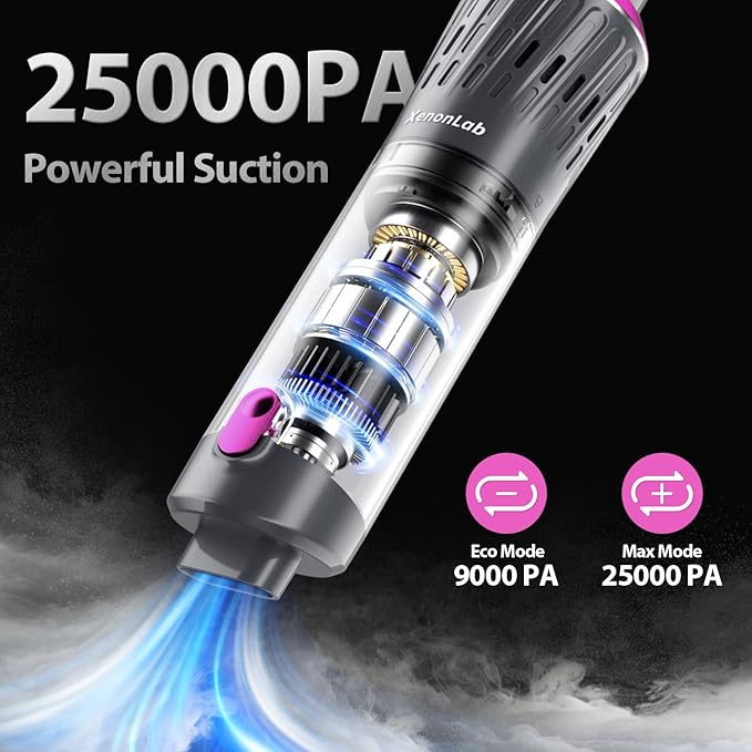 Handheld Vacuum Cordless 25000Pa Car Vacuum 3-in-1 Handheld Vacuum, Includes Smart Display and Charging Base Hand Vac Cordless Rechargeable One-Touch Empty for Home/Pet/Car (Purple)