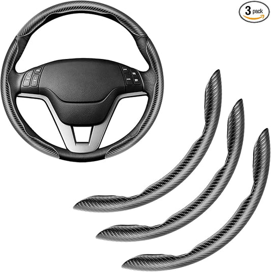 Amiss 3pcs Carbon Fiber Anti-Skid Steering Wheel Cover, Waterproof & Segmented Butterfly Design, Universal 99% Vehicle Wheel Cover Protector, Car Interior Accessories (Black-3pcs)