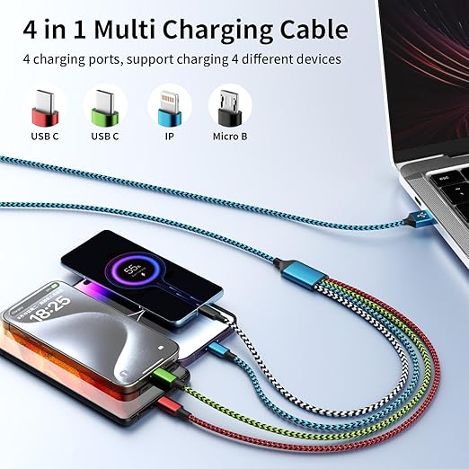 Travel Essentials,Dual Type-C 4 in 1 Multi Charging Cable, 3 Pack 5FT Universal Charging Cables for All Devices, 2 USB-C/Lightning/Micro USB Port, Compatible with iPhone 17 16/15 Series/Phone/Tablet