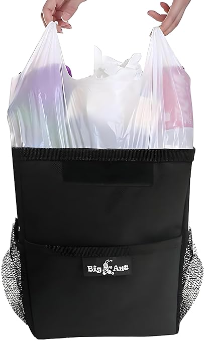 Big Ant Car Trash Can with Lid - 2.5 Gal 100% Leak-Proof Automotive Garbage Bag with Storage Pockets - Waterproof Travel Cooler & Organization Accessories for Family Road Trips and Daily Commute