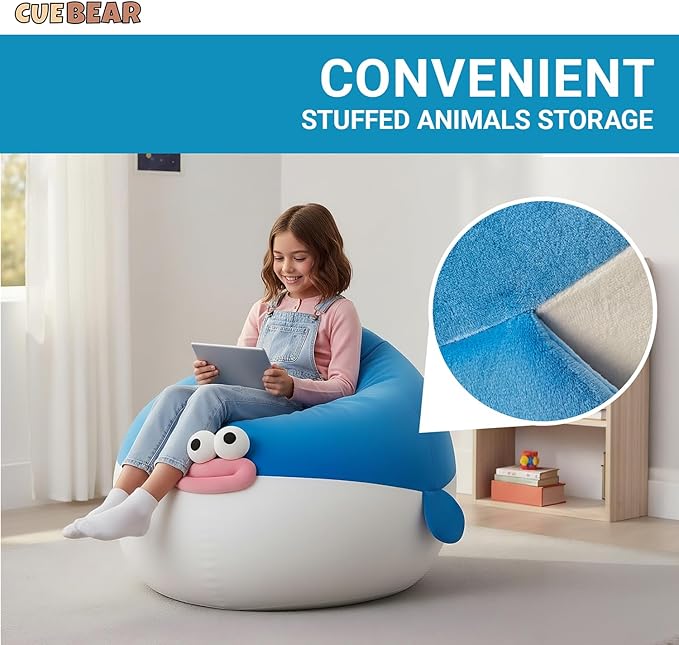 Kids Bean Bag Chair Cover Stuffed Animals Storage - Soft Plush Washable Pufferfish Bean Bag Chair for Boys & Girls, XLarge Toy Storage Organizer Blue Fat Fish Cover Only Without Filling