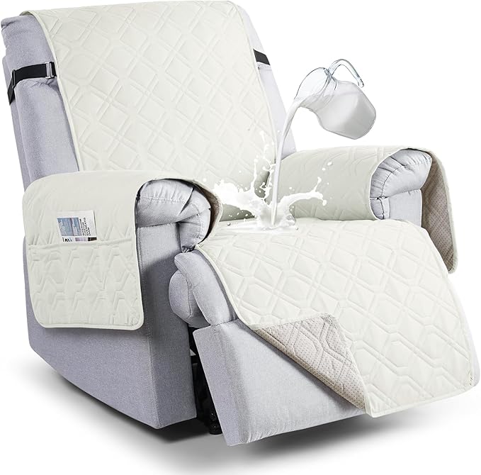 VANSOFY 100% Waterproof Recliner Chair Covers, Recliner Cover Non-Slip Dog Chair Cover Furniture Protector Washable Slipcover with Pocket, Elastic Straps for Pets, Dogs(Off White, 22")