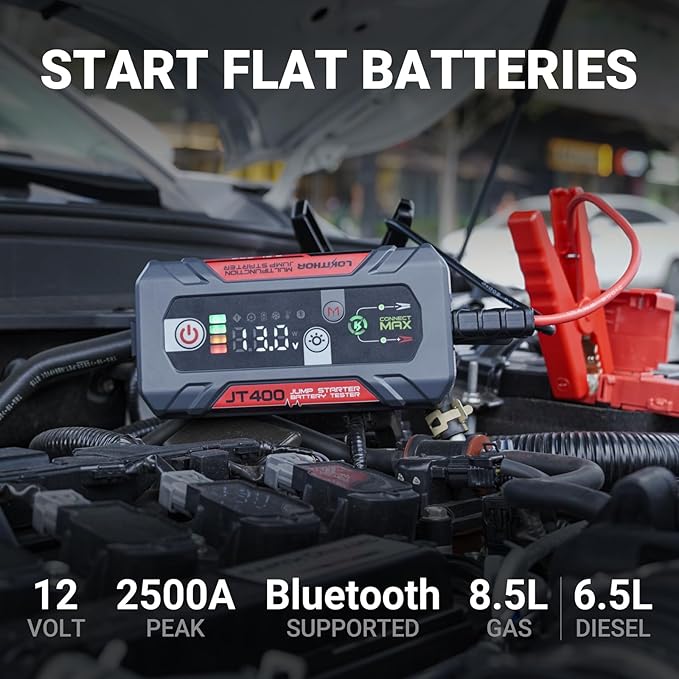 LOKITHOR JT400 2500A Portable Jump Starter with Battery Tester, 12V Car Battery Jump Starter for Up to 8.5L Gas or 6.5L Diesel Engines, 100–2000 CCA Automotive Battery Load Tester