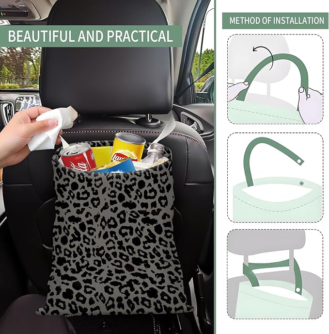 Cute Car Trash Can, Hanging Canvas Car Back Seat Organizer and Storage Bag, Funny Car Trash Bag for Travelling, Outdoor Cute Gray Leopard