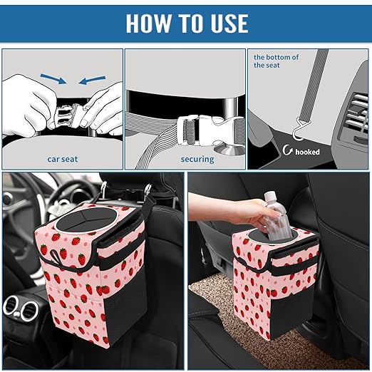 Cute Strawberry Collapsible Reusable Waterproof Car Trash Can with Lid, Automotive Garbage Can, Car Organizer