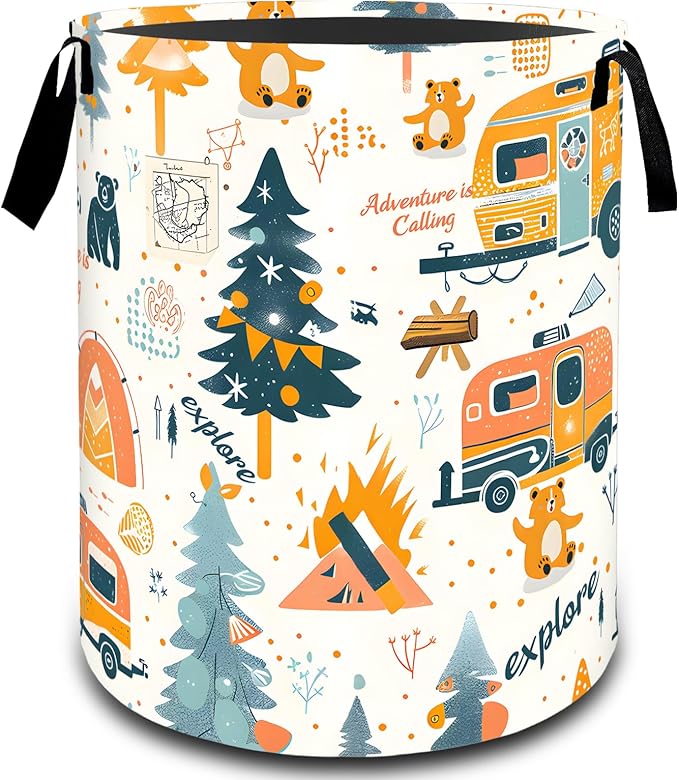 Camping Adventure Forest Laundry Basket, Dirty Collapsible Clothes Toy Organizer Hamper for Kids Adults, Oxford Cloth Waterproof Storage Bin for Bedroom Bathroom Home Decor Gifts, 19.7"X15.7"