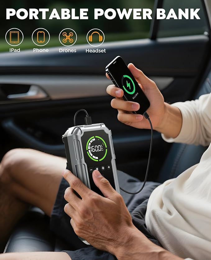 Car Battery Jump Starter with Air Compressor 8000A 160PSI, Car Jumper Starter Portable (All Gas/10L Diesel), Jump Starter Jump Box with Jumper Cables, LED Light, Large LCD Display, Power Bank