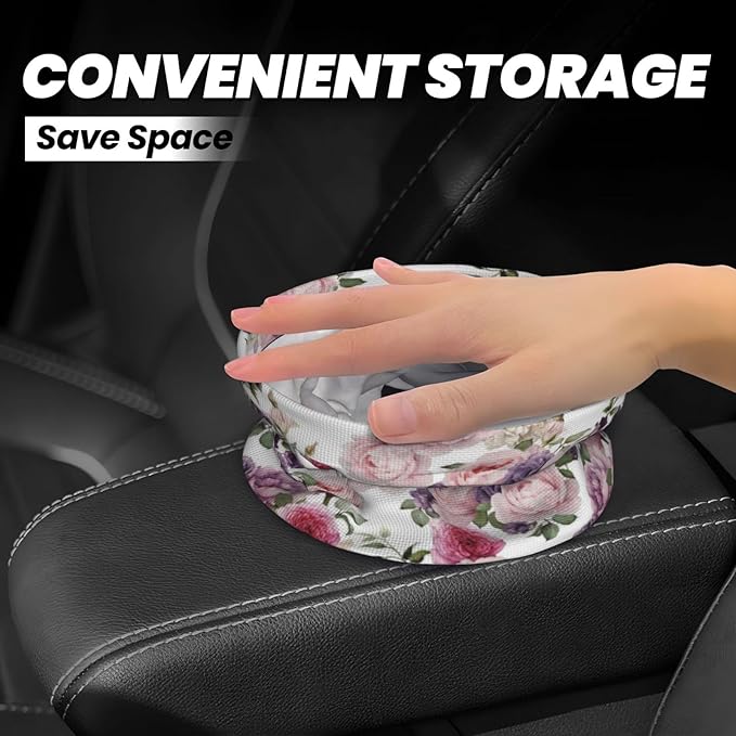 Car Trash Can Rose Pattern Multipurpose Collapsible Leakproof Trash Bin Car Accessories for Car Automotive Truck SUV