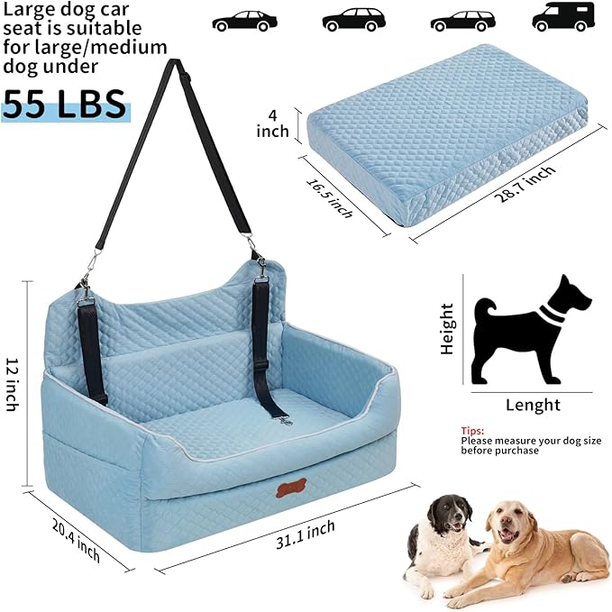 Dog Car Seat for Large/Medium Dogs - Memory Foam Dog Booster Seat for Under 55Lbs or 2 Small Dogs-Detachable and Washable Travel Bed with Thick Cushion and Storage Pockets-Blue