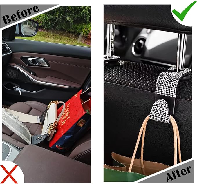 OSIFIT 2PCS Car Seat Hooks - Bling Rhinestone Headrest Hooks with Universal Design - Perfect for Holding Handbags, Clothes, Purses, and Water Bottles - Black