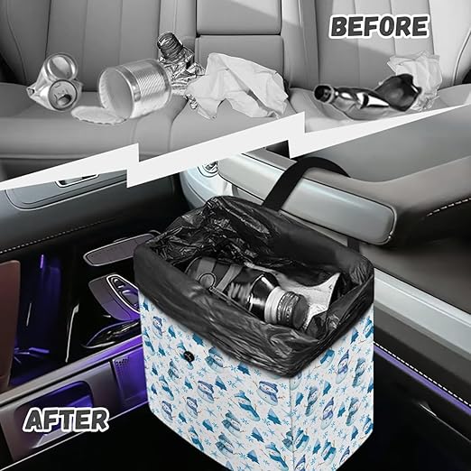 Snowman Snowflake Stars Pattern Garbage Bag and Water Resistant Trash Can for Car, Leakproof Trash Can for SUV Truck Christmas Car Accessories(Blue)
