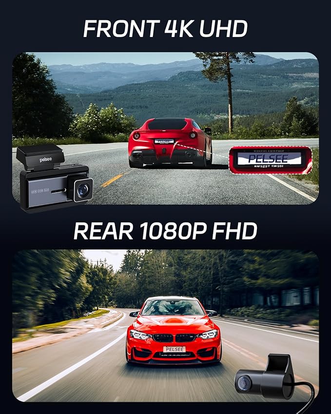 Pelsee P3 4K Dash Cam Front and Rear, 64GB SD Card, 4K+1080P Dual Dash Camera for Cars with Wi-Fi, GPS, ADAS, BSD, LCA, 3’’ IPS Display Car Camera, APP & Voice Control, Night Vision, 24H Parking Mode