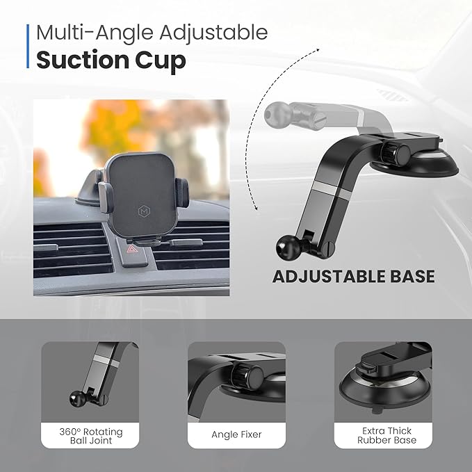 Wireless Car Charger Phone Mount – 15W Charging, Adjustable Stand, Two Mounting Options, Compatible with Phones 3 to 4 Inches - Mini Grip Cradle Multi Angle Suction Cup