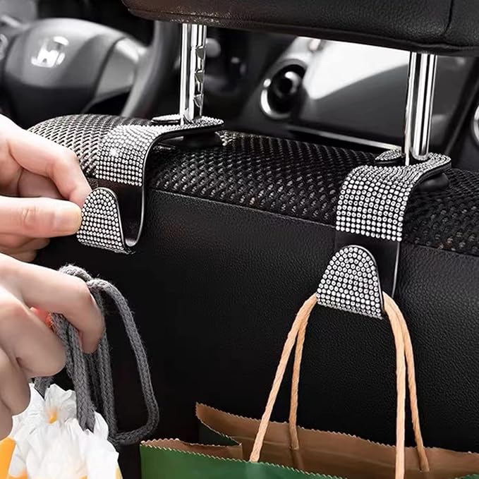OSIFIT 2PCS Car Seat Hooks, Bling Rhinestone Headrest Hooks, Universal Bling Car Interior Accessories, for Handbag, Clothes, Purse, Water Bottle (White)
