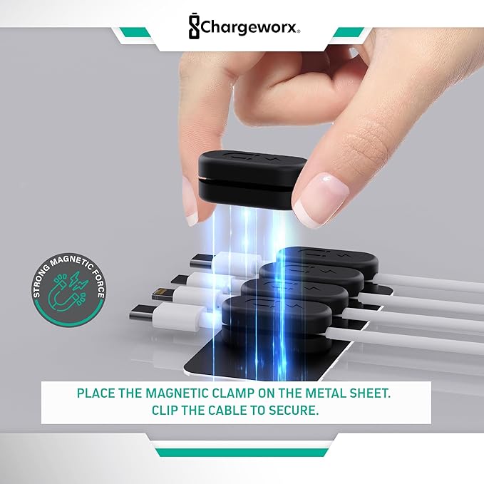 CHARGEWORX Pack of 5 Magnetic Cable Clips, Adhesive Cord Organizer for Desk, Nightstand, Wall or Car, Wire Holder for USB-C, Lightning and Micro-USB Cables, Black