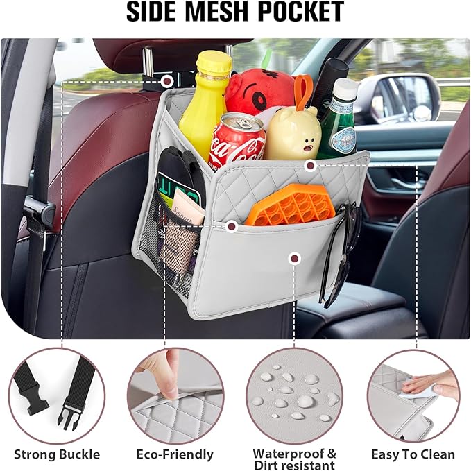 LXUNYI Car Seat Organizer, Updated Large Leather Backseat Car Organizer with Cup Holders Multifunctional Over the Seat Storage Organizer Bag Hanging Back Seat Organizers for Kids (Gray 1Pack)