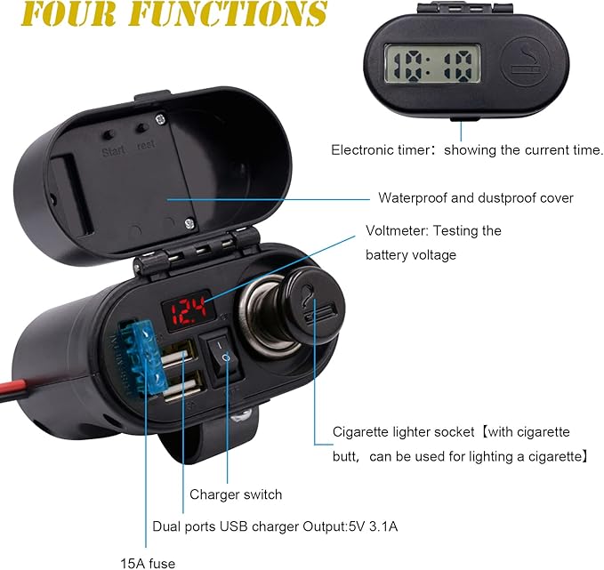 BlueFire 5V/3A Dual USB Charger Socket Waterproof Motorcycle Handlebar & Rear View Mirror Clamp Power Adapter Charger with Cigarette Lighter Socket, Voltmeter for Phones/Tablets/GPS (Black 1)