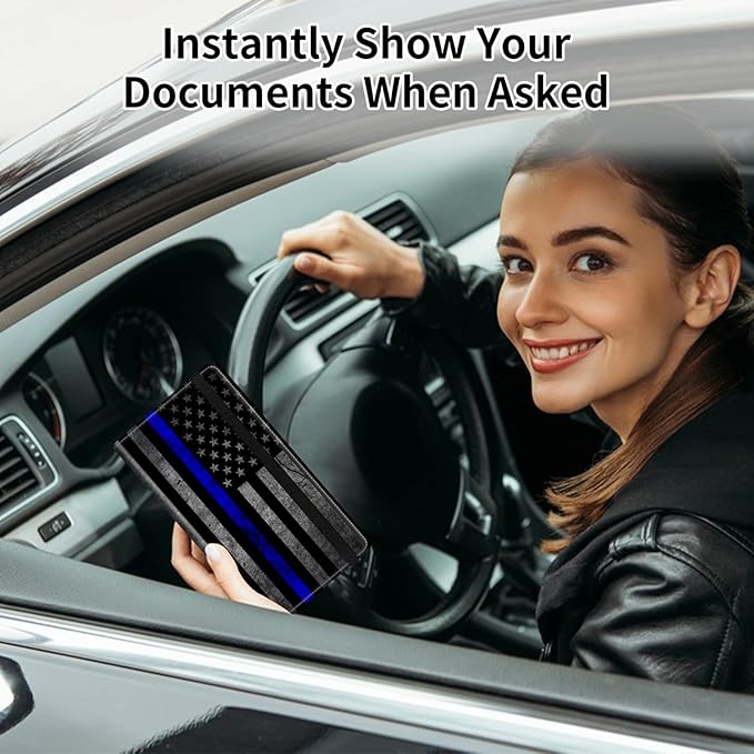 Car Registration and Insurance Card Holder, Premium Leather Vehicle Wallet Cover for Glove Box Car Organizer Drivers License / Cards / ID - Essentials Document Holder, Thin Blue Line American Flag