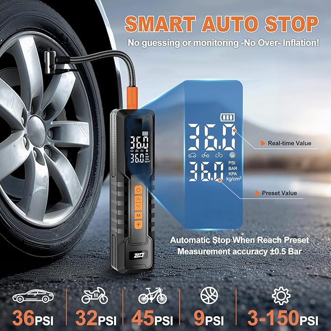YIMWMIY Tire Inflator Portable Air Compressor – Emergency Flat Tire Rescue & Pressure Maintenance Tool, Cordless Pump with 150PSI, LCD Screen, Auto Shut-Off – for Car, Motorcycle, Bicycle, Balls