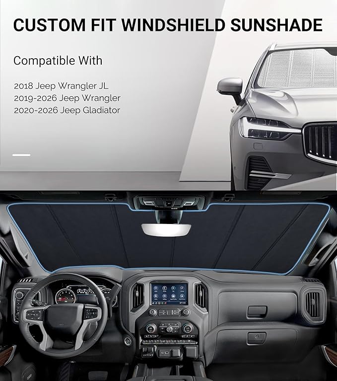 Pigenius Windshield Sun Shade for Jeep Wrangler 2018-2025; Jeep Gladiator 2020-2025. Reflective Aluminum Film Front Window Sunshade - BLAZBLOCK