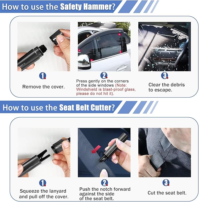 4 Pack Safe Hammer Glass Breaker Underwater, 2-in-1 Car Safety Hammer Window Breaker and Seatbelt Cutter, Car Accessories, 1s Rapid Escape, Emergency Rescue Tool for Auto Accidents(Black, Portable)