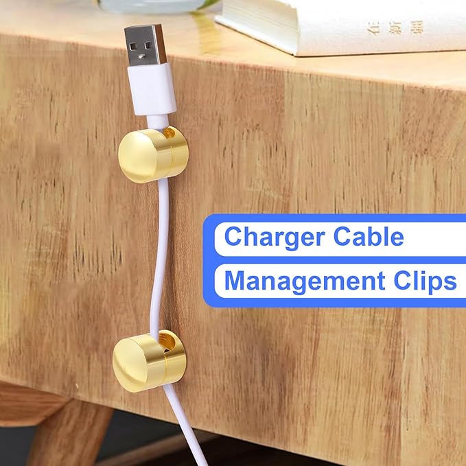 SmallCat 6 Sets Charger Holders for Cords, Gold Adjustable Cable Anchor Holders, Adhesive Metal Cord Clips, Cable Management Wire Organizers for Desk, Office, Nightstand