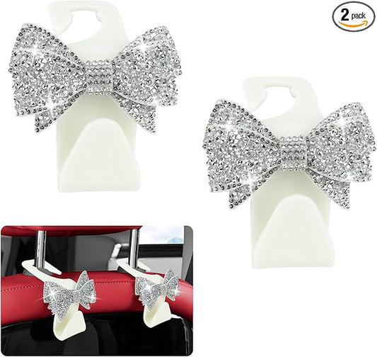 2PCS Bling Bow Car Seat Headrest Hook, Cute Bow Purse Hanger for Cars, Crystal Rhinestone Auto Seat Back Storage Hanging Hooks for Handbag Umbrella Coat Grocery Bags, Car Accessories (White)