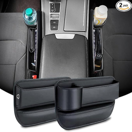 Car Seat Gap Filler Organizer 2-Pack, Premium Leather Storage Box with Cup Holders & Card Slots - Universal Fit for Car SUV Truck, Keep Phone, Keys, Sunglasses Secure (Black, Left + Right Side)