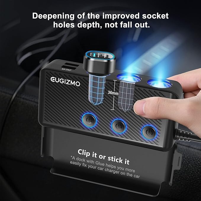 EUGIZMO Cigarette Lighter Adapter, 222W 3 Socket Car Cigarette Lighter Plug USB Charger Multi Port 12V Car Plug Outlet Splitter with LED Voltage Display Independent Switches