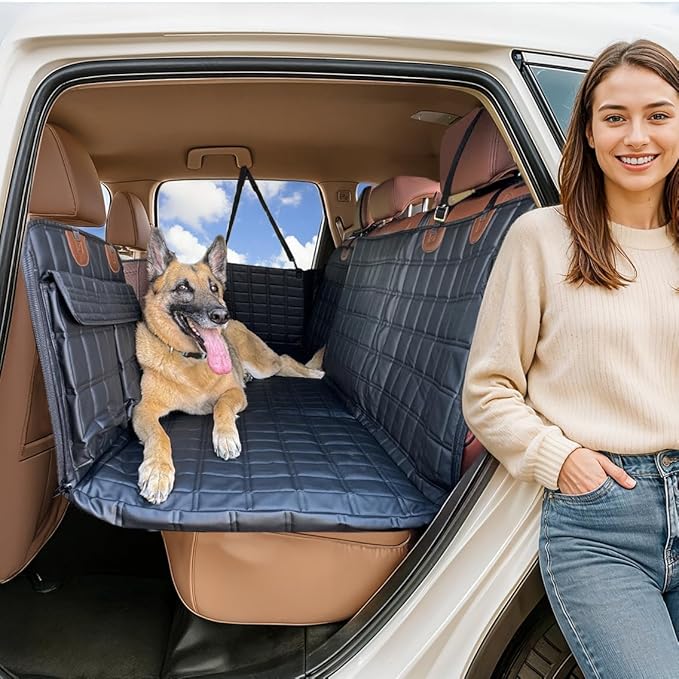 APetsPlanet Backseat Extender for Dogs, Dog Seat Cover Hard Bottom for Car Backseat & Truck Travel Bed, Platform Hammock Mat Converts Rear Seat Into Backseat Bed, Black Leather with Door Covers