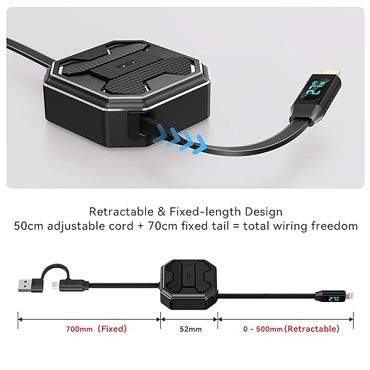 pzoz Retractable 2-in-1 Charging Cable with LED Display, Multi USB C & USB A to Lightning for iPhone Pro Max iPad mini for Car CarPlay Desktop Management Organizer