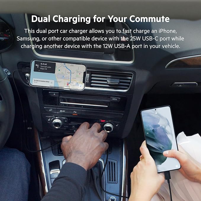 Belkin 37-Watt Dual USB Car Charger - Power Delivery 25W USB-C Port & 12W USB-A Port for PPS Charging Apple iPhone, Samsung Galaxy, AirPods, & More
