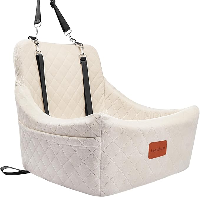 Lealchum Dog Car Seat for Medium Dogs Up to 40lbs,Easy to Install with Adjustable Straps,Anti-Slip Base,Fully Detachable and Washable,Soft Fabric Fill in Memory Foam,2 Side Pockets(Beige,Medium)