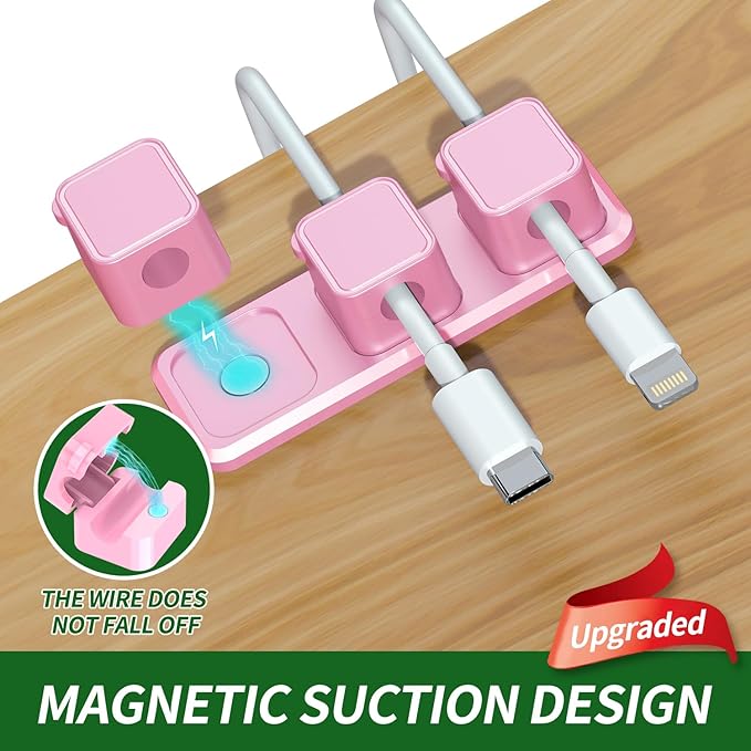 Magnetic Cable Organizer for Desk – Upgraded Wire Clips with Adhesive Base – Desktop Cord Holder for USB, Charging Cables – 6 Clips + 1 Magnetic Base (Pink)