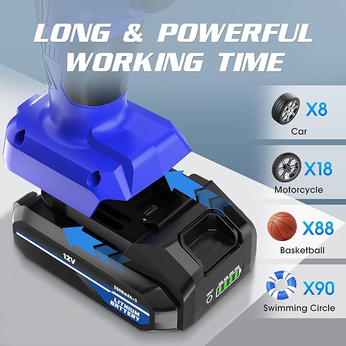 CARSUN Tire Inflator Portable Air Compressor, 150PSI Cordless Tire Pump with DC 12V/Battery Dual Power Supplies, Portable Handheld Air Pump, Digital Pressure Gauge for Car Tires, Bicycles, Balls, Blue
