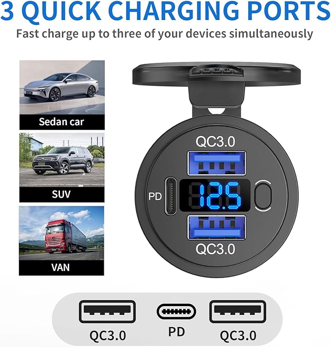 2 pack 12V USB C Outlet Marine USB Charging Port for Car, Dual Quick Charge 3.0 & PD 3.0 Car Charger Socket with Button Switch and Voltmeter, Cigarette Lighter Replacement DIY Kit for 12V/24V Vehicles