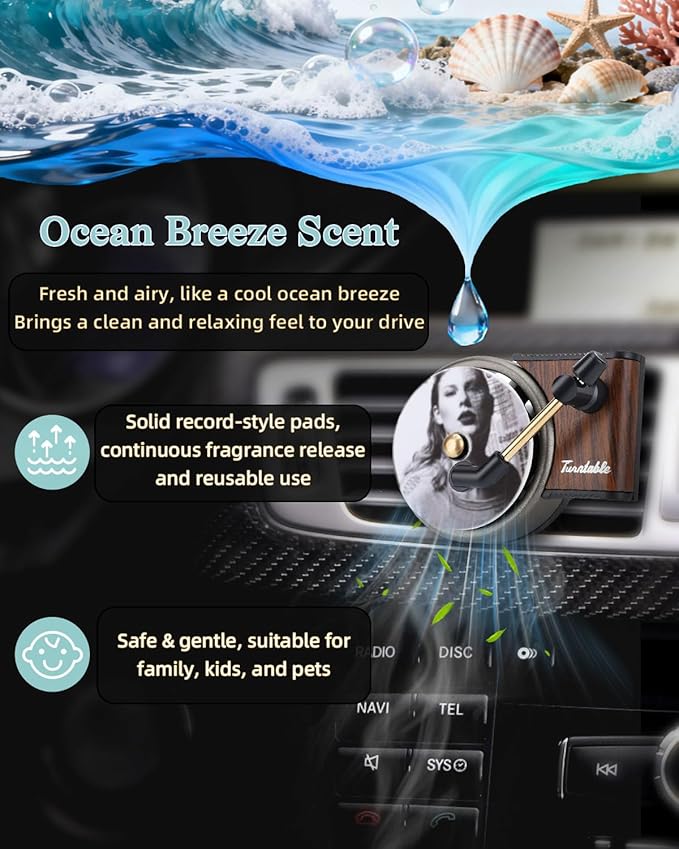 Record Player Car Air Freshener Vent Clip, 12PCS Vintage Album Style Refill Pads, Taylor Air Freshener Car Decor Accessories, Ocean Breeze Scent Air Fresheners for Car, Music Lovers Gifts