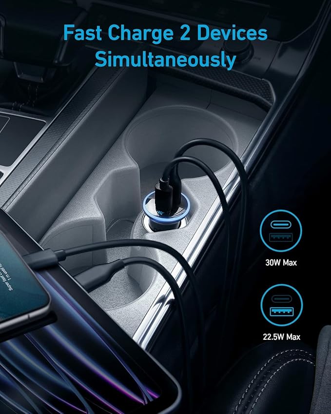 Anker 323 USB-C Car Charger Adapter, 52.5W Cigarette Lighter Charger with 30W PowerIQ 3.0 Fast Charging for iPhone 17/16/15/14/13/12 Series, Galaxy S25/24, Pixel