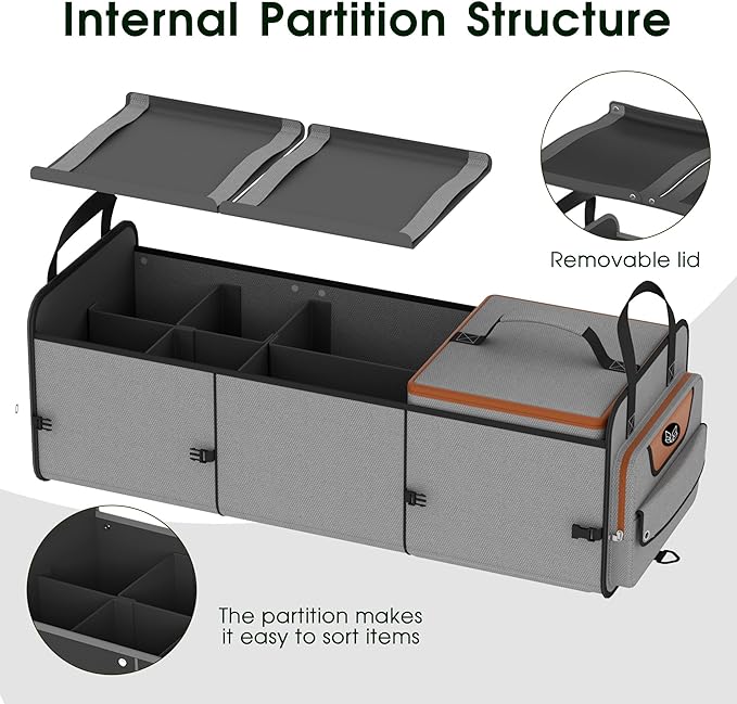 Car Trunk Organizer for SUV, Heavy Duty Waterproof Trunk Organizer, Foldable Collapsible Car Organizer with Cooler, Multi-Compartment Large Trunk Organizer (95L), Gray-M003