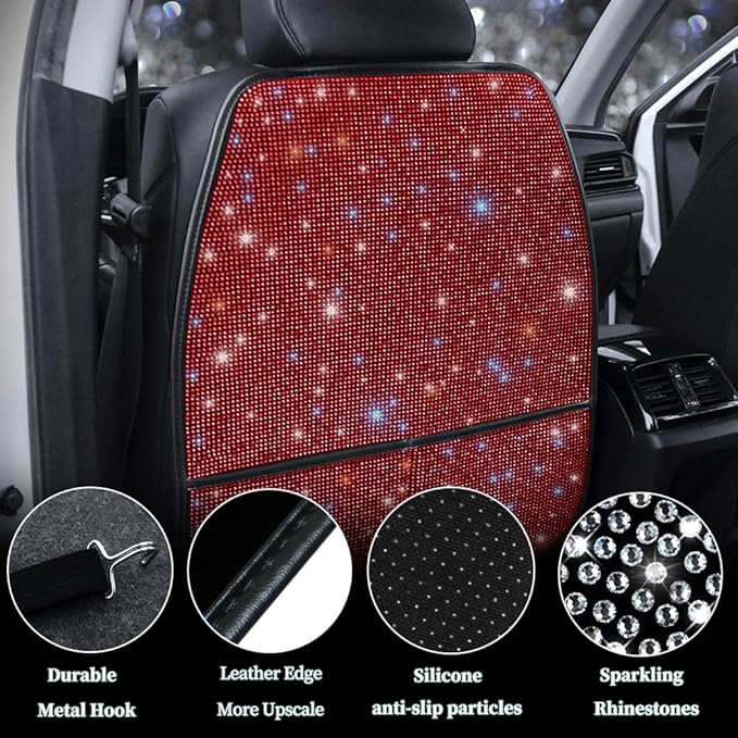 Luxury Bling Car Seat Back Protectors with Pockets – Sparkling Rhinestone Kick Mats, Universal Fit PU Leather Back Seat Covers for SUV Leather Seats, Diamond Protectors for Girls Red 2pcs