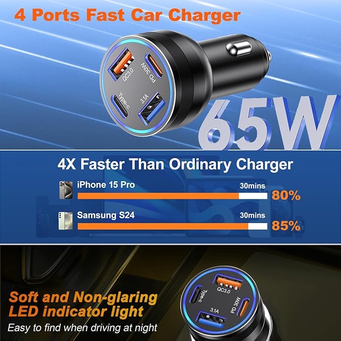 65W USB C Car Charger, 5 Pack 4-Port PD Super Fast Charging Type C Car Charger for Multiple Devices, Cigarette Lighter Adapter, USBC Phone Adapter for iPhone 17/16/15 Pro Max,Samsung S25,iPad,Pixel