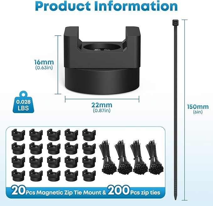 220 Pcs Magnetic Zip Tie Mount Kit(200 zip ties 20 Magnet base) Strong magnetic wire holder, Magnet Cable Tie Clips Holder Wire Management Clips for Home Office Marine Electrical Wiring Organization