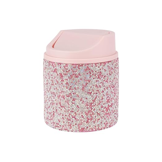 KEYPOWER Bling Rhinestone Mini Plastic Trash Can Cute Small Waste Can with Swing Lid,Suitable for Home Countertop,Car,Table Desk,Office (Pink)