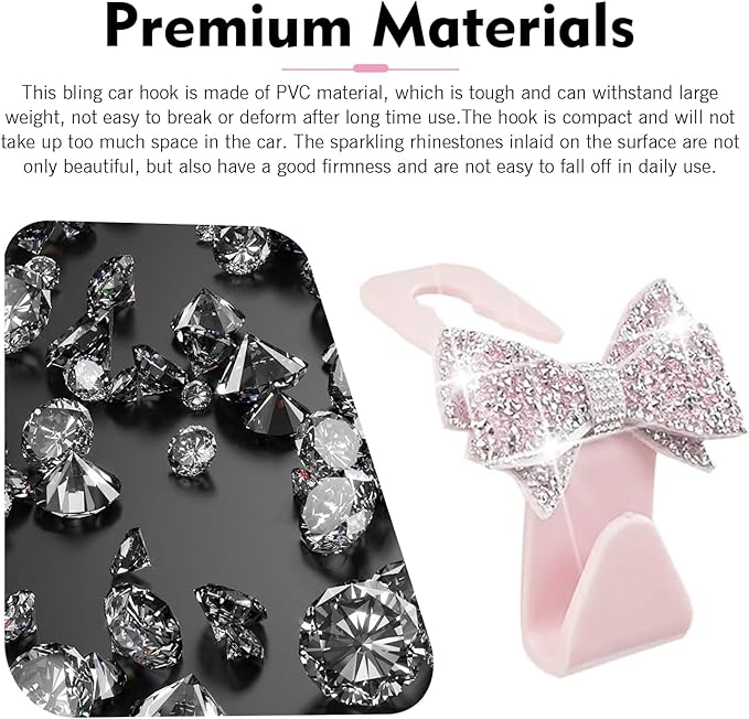 2 PCS Bling Car Seat Headrest Hooks, Crystal Rhinestone Bow Vehicle Hooks for Purses and Bags, Automotive Purse Hook Hanger, Universal Diamond Car Rear Seat Organizer (Pink)