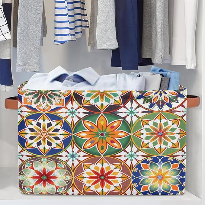 Mandala Flowers Storage Baskets for Organizing, Fabric Collapsible Storage Bins Box Ethnic Boho Decorative Toy Organizer Baskets for Closet Shelves Gift Basket 2Pcs