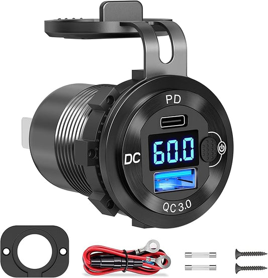 9V-60V USB Charger, 12V 24V 36V 48V 60V USB Outlet Aluminum Car Socket, PD 36W and QC 18W Car Port Outlet Waterproof Cigarette Lighter Replacement DIY Kit with Power Switch for Boat Golf Cart, etc.