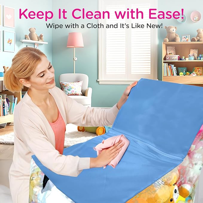 Stuffed Animal Storage Chair – Clear Bean Bag for Stuffed Animals, Toy Organizer Seat with PVC Window & Non-Slip Base for Kids Playroom (Blue)