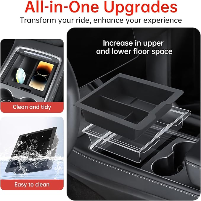 Zekrom Center Console Organizer Tray for Tesla Model 3 (2021-2023) Model Y(2021-2024) Accessories, Dual Layer Armrest Console Organizer, Black